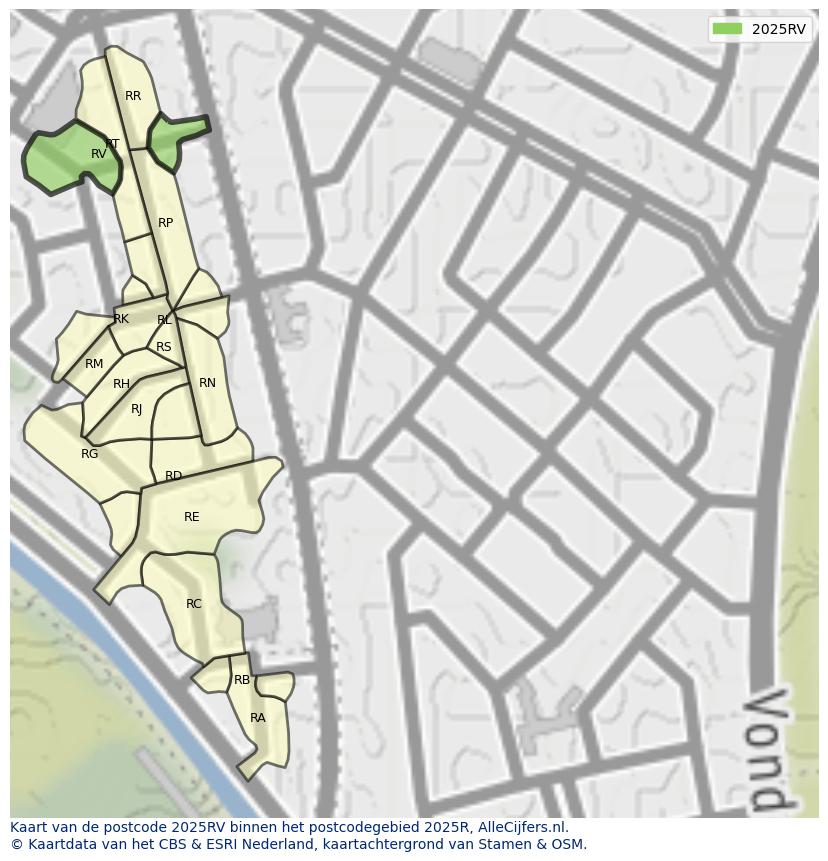 Afbeelding van het postcodegebied 2025 RV op de kaart.