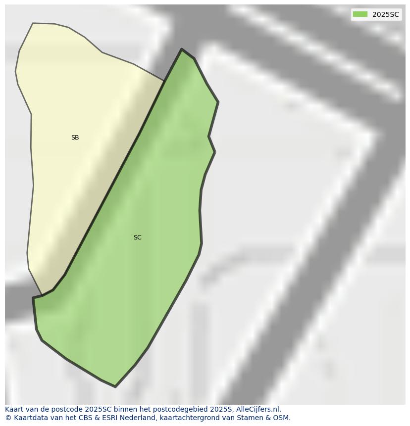 Afbeelding van het postcodegebied 2025 SC op de kaart.