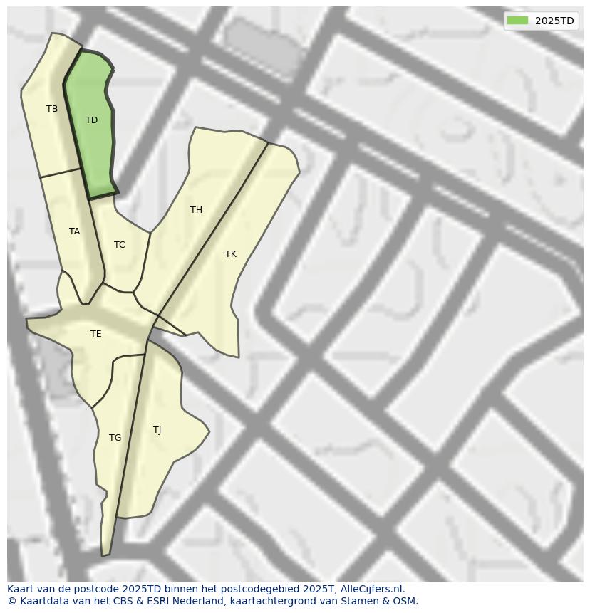 Afbeelding van het postcodegebied 2025 TD op de kaart.