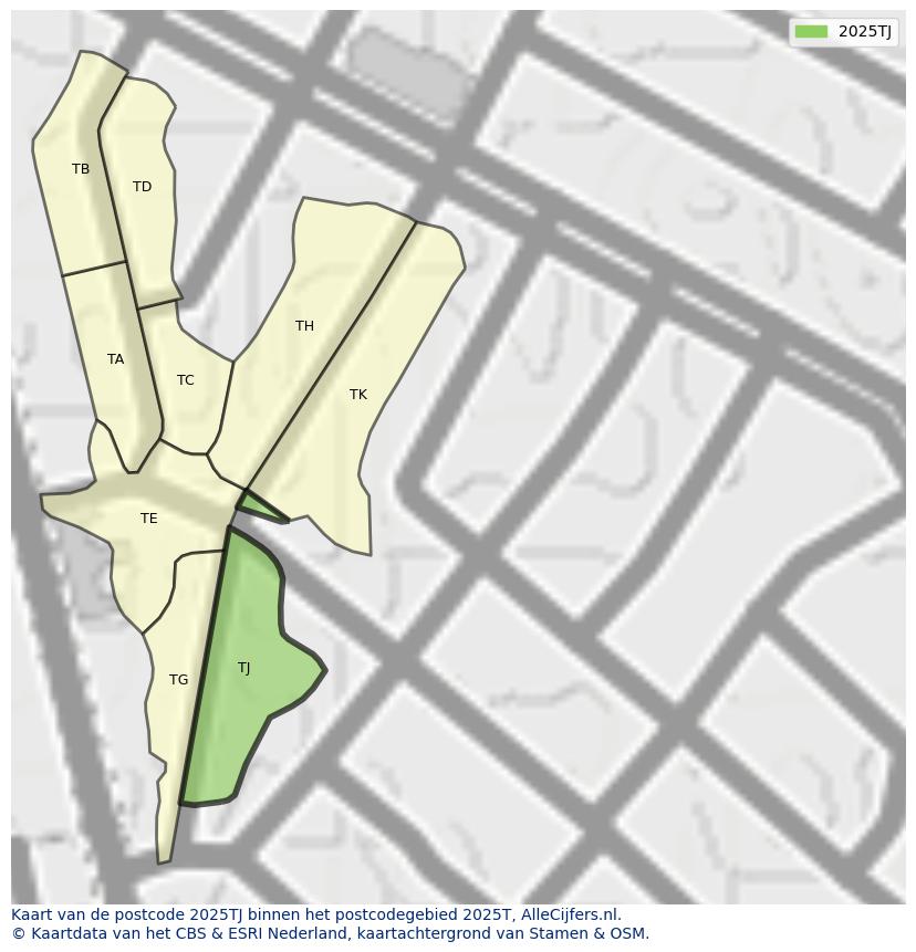 Afbeelding van het postcodegebied 2025 TJ op de kaart.