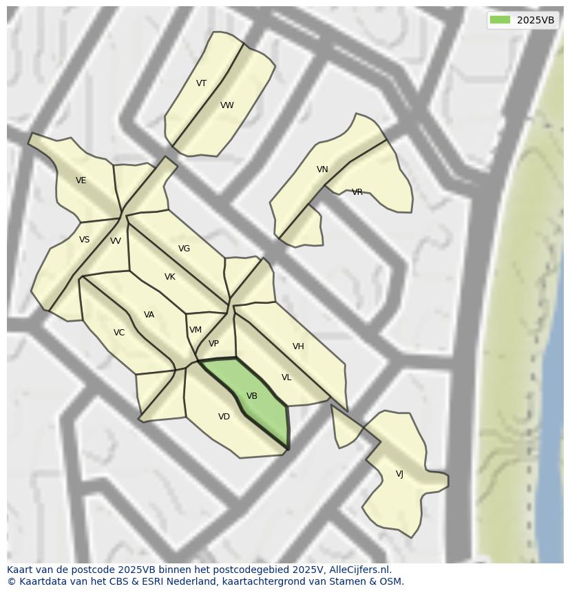 Afbeelding van het postcodegebied 2025 VB op de kaart.