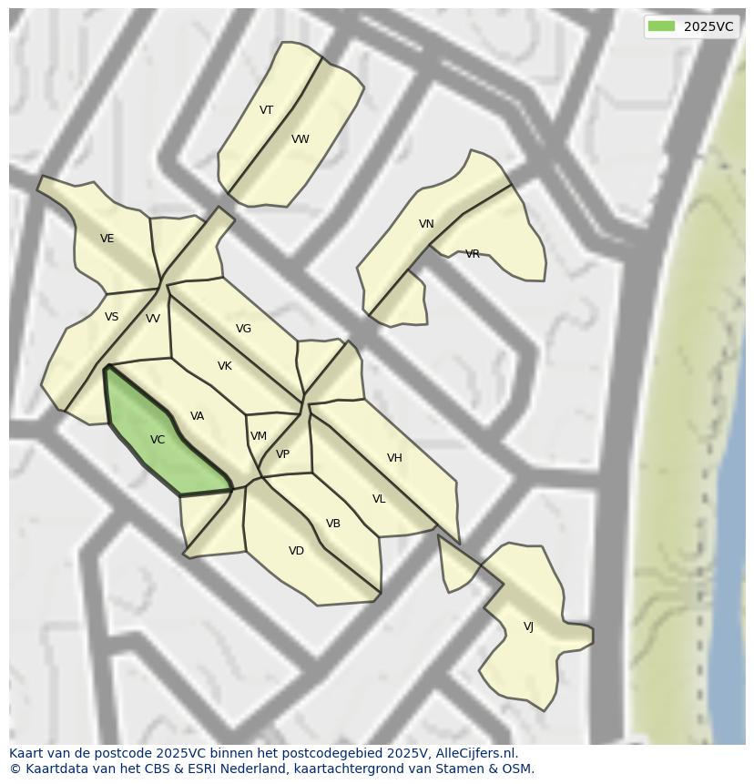 Afbeelding van het postcodegebied 2025 VC op de kaart.