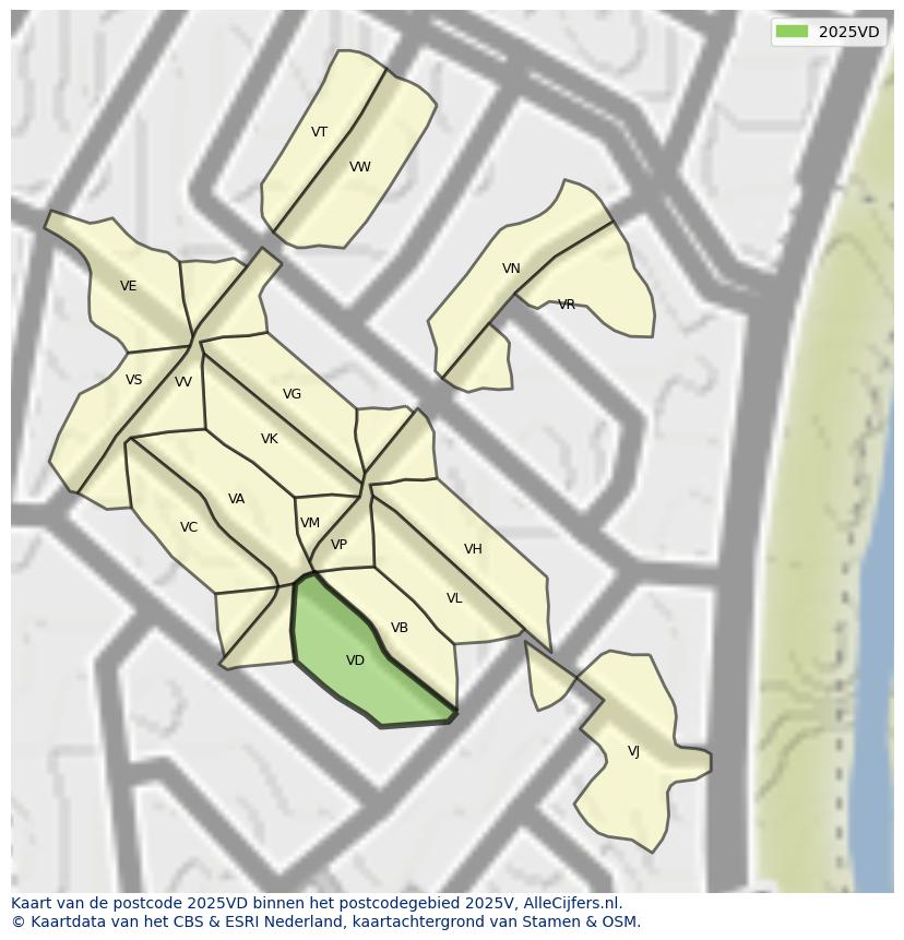 Afbeelding van het postcodegebied 2025 VD op de kaart.