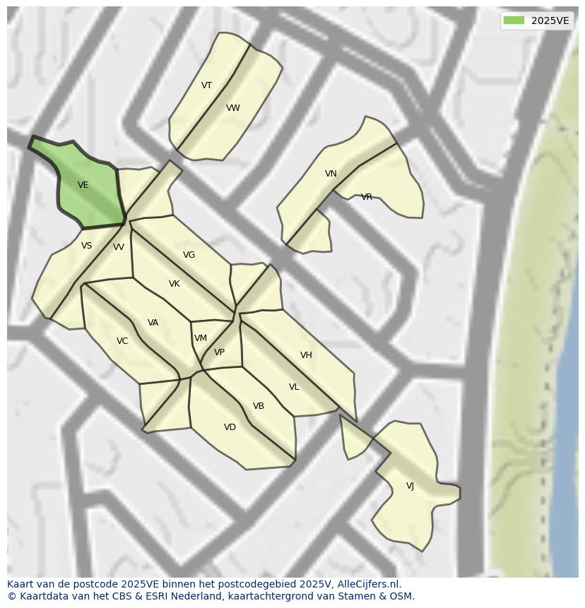 Afbeelding van het postcodegebied 2025 VE op de kaart.