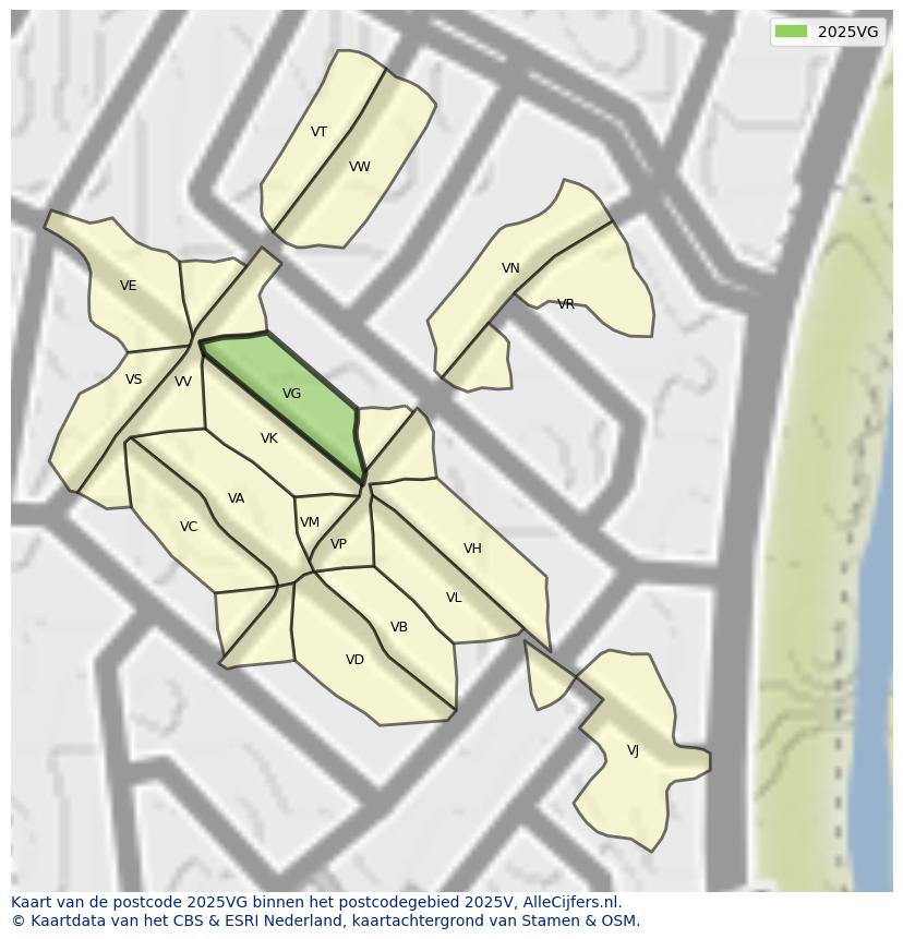 Afbeelding van het postcodegebied 2025 VG op de kaart.
