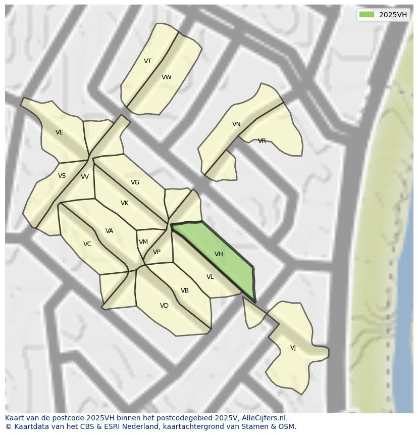 Afbeelding van het postcodegebied 2025 VH op de kaart.