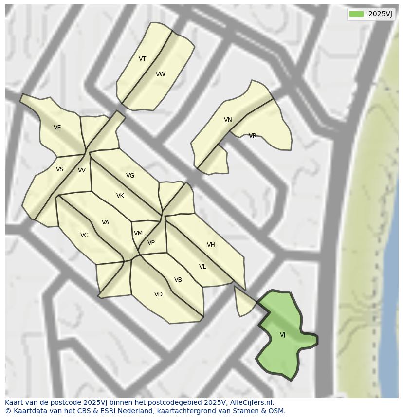 Afbeelding van het postcodegebied 2025 VJ op de kaart.