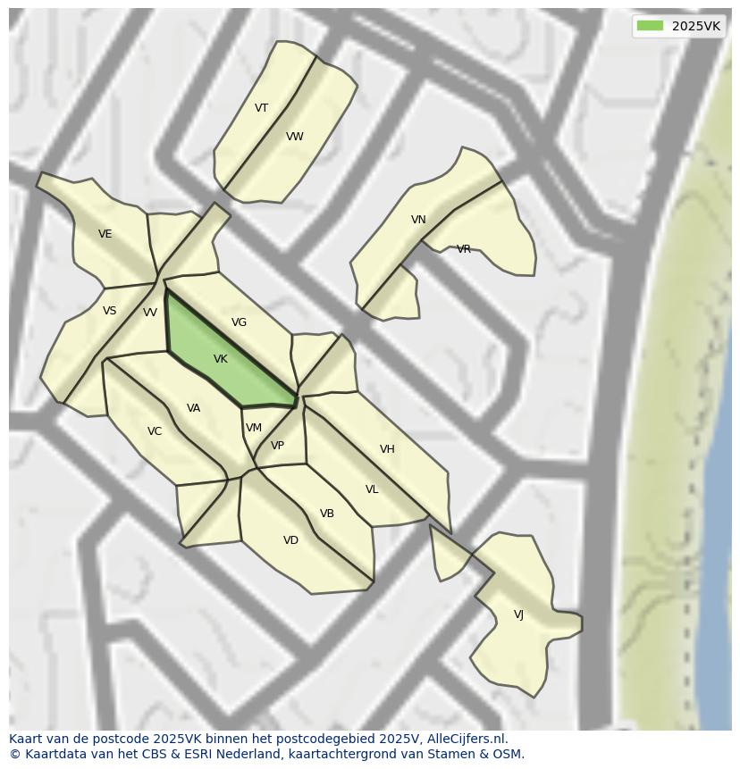 Afbeelding van het postcodegebied 2025 VK op de kaart.