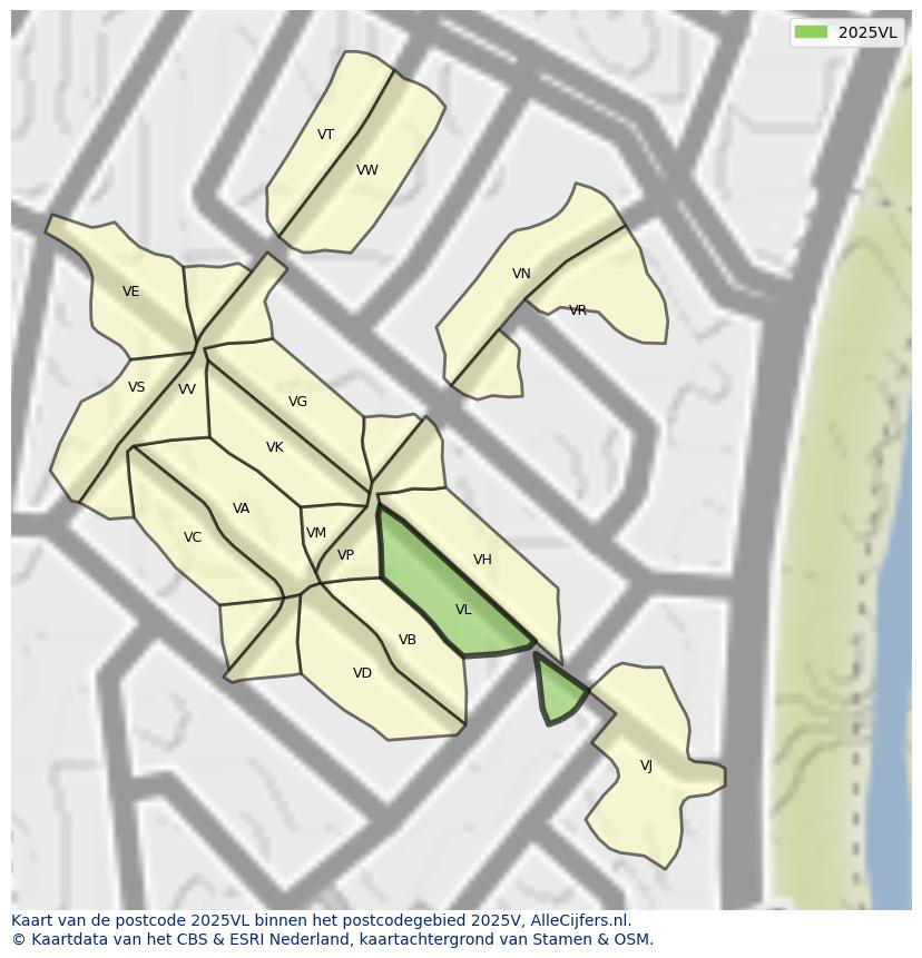Afbeelding van het postcodegebied 2025 VL op de kaart.
