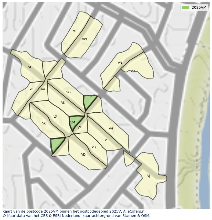 Afbeelding van het postcodegebied 2025 VM op de kaart.