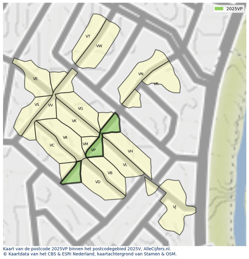 Afbeelding van het postcodegebied 2025 VP op de kaart.