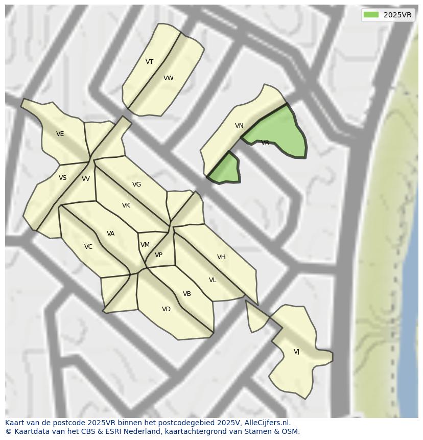 Afbeelding van het postcodegebied 2025 VR op de kaart.