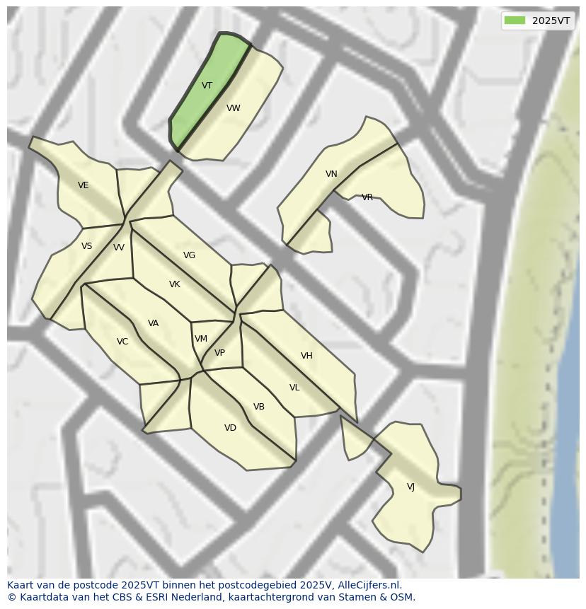 Afbeelding van het postcodegebied 2025 VT op de kaart.