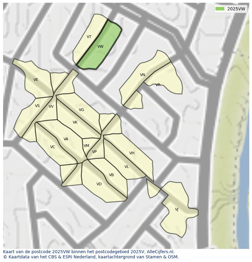 Afbeelding van het postcodegebied 2025 VW op de kaart.