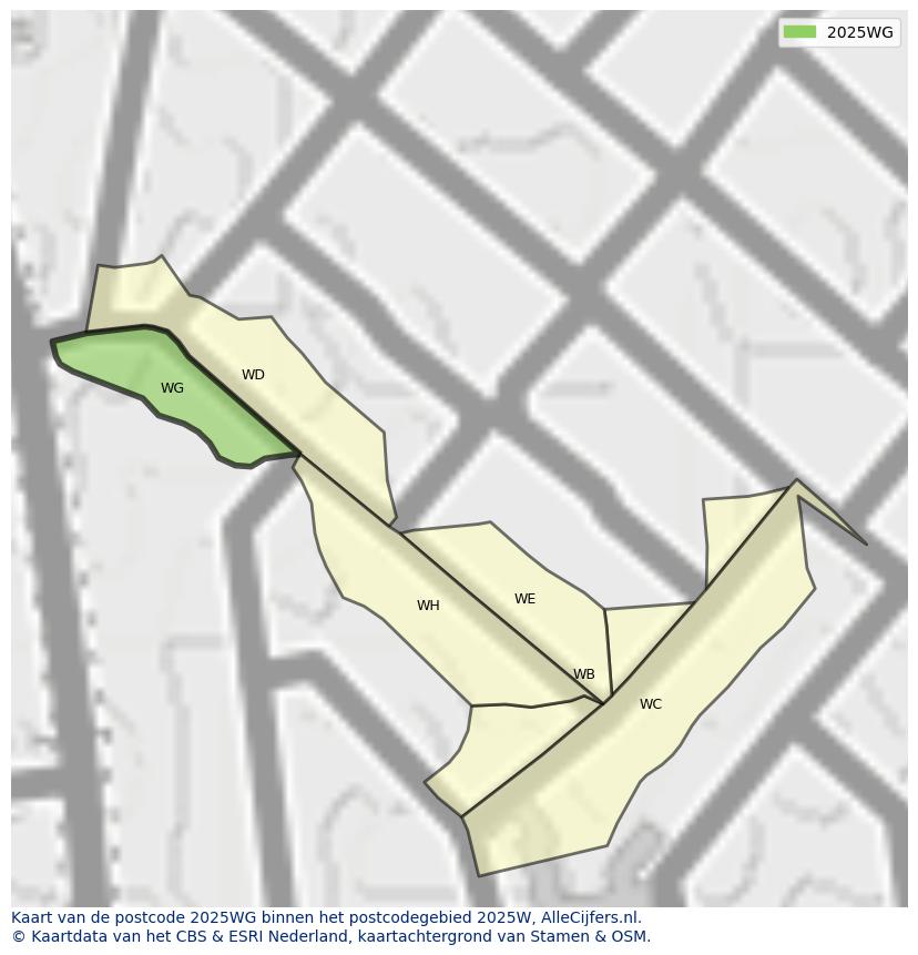 Afbeelding van het postcodegebied 2025 WG op de kaart.