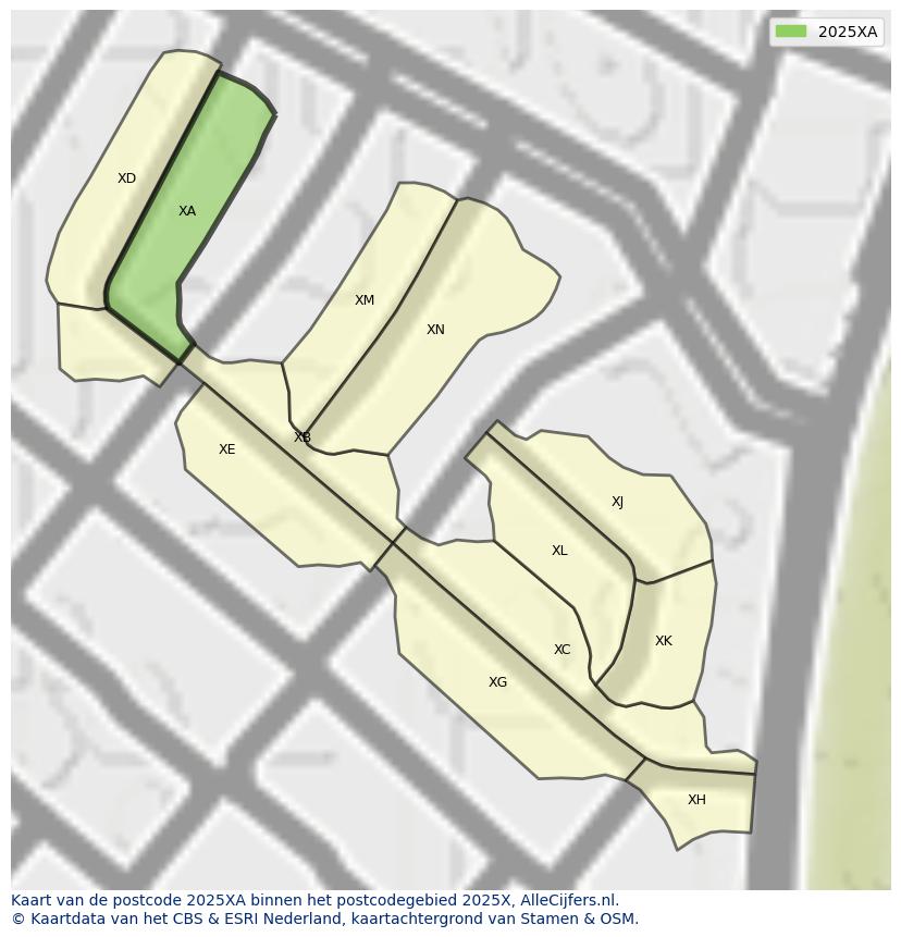 Afbeelding van het postcodegebied 2025 XA op de kaart.