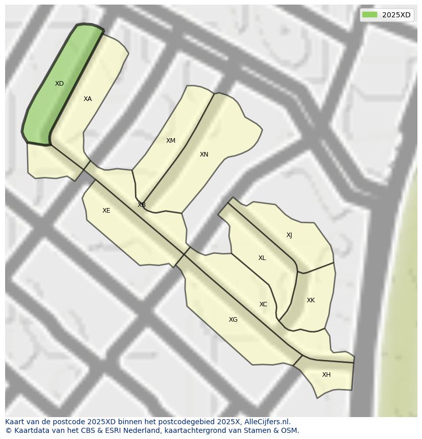 Afbeelding van het postcodegebied 2025 XD op de kaart.