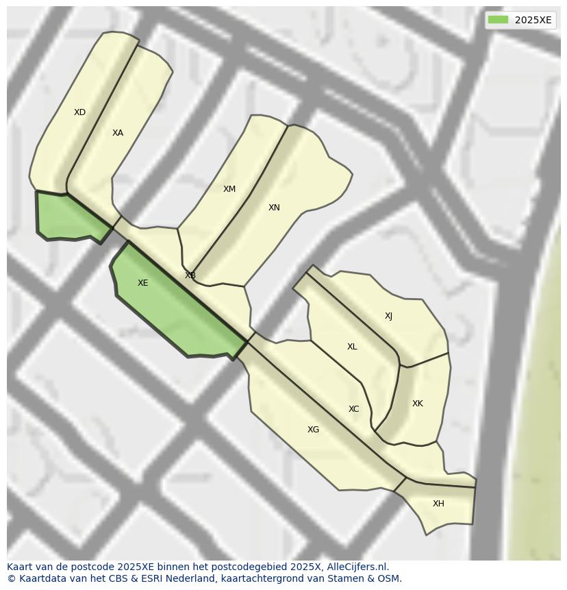 Afbeelding van het postcodegebied 2025 XE op de kaart.