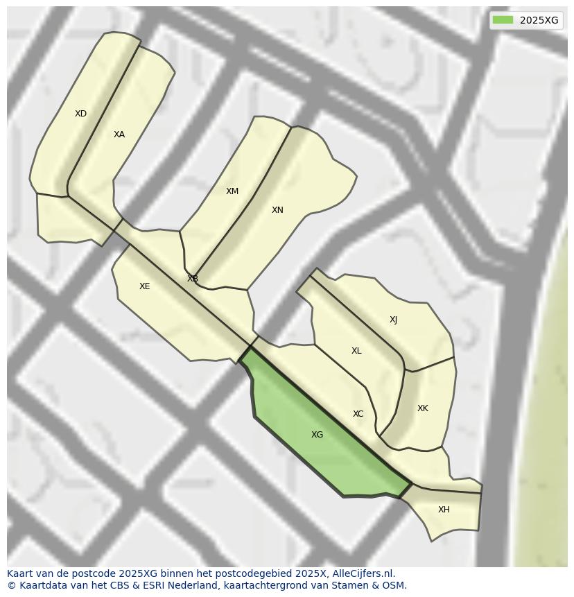 Afbeelding van het postcodegebied 2025 XG op de kaart.