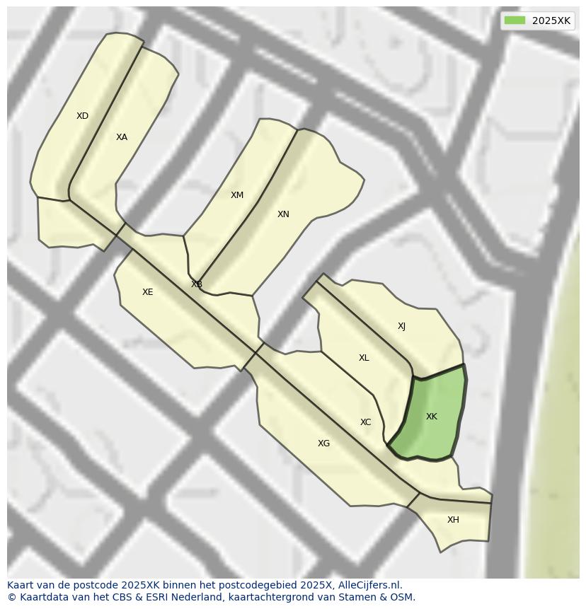 Afbeelding van het postcodegebied 2025 XK op de kaart.