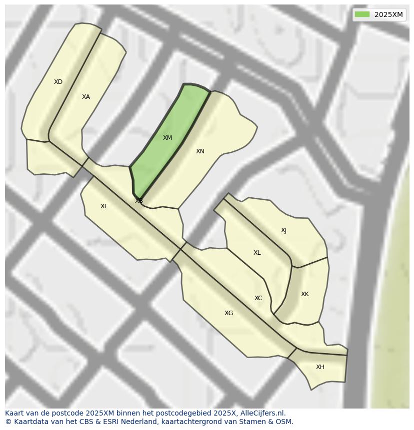Afbeelding van het postcodegebied 2025 XM op de kaart.