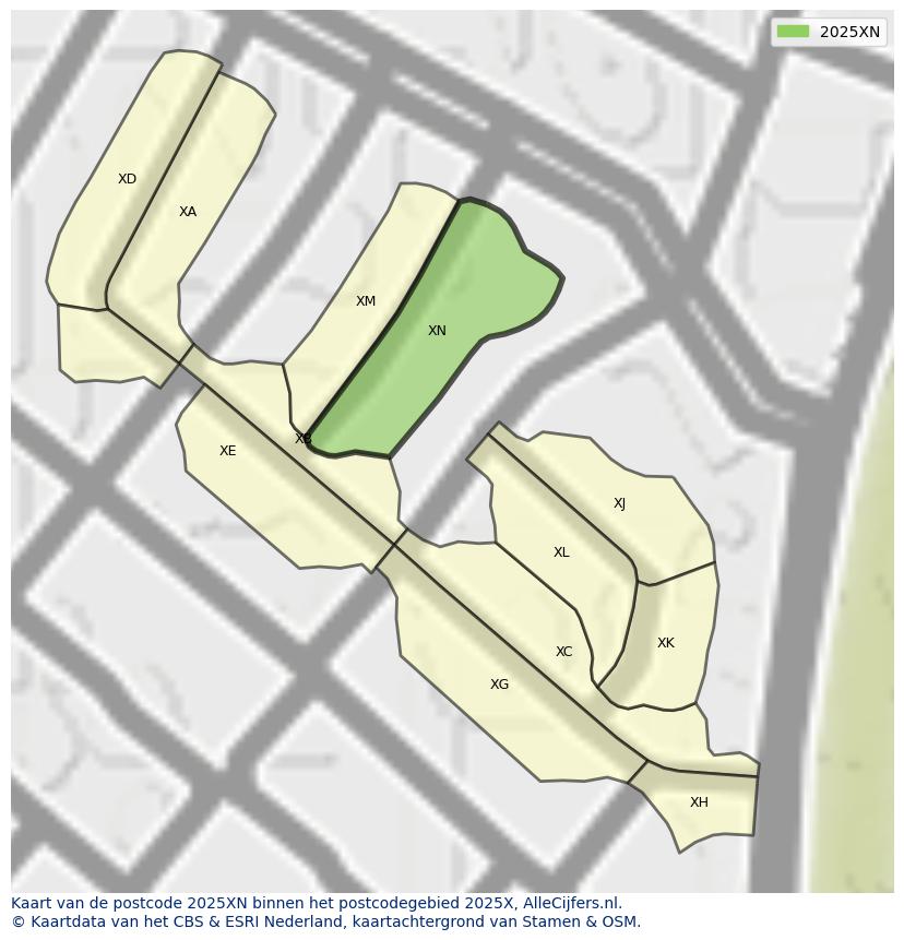 Afbeelding van het postcodegebied 2025 XN op de kaart.