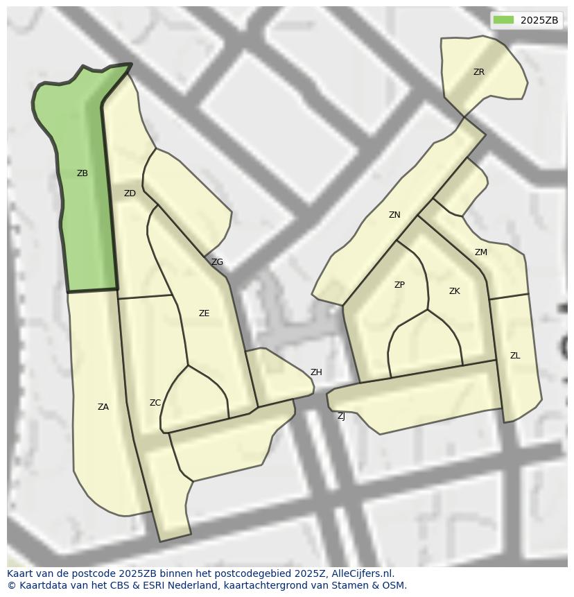 Afbeelding van het postcodegebied 2025 ZB op de kaart.