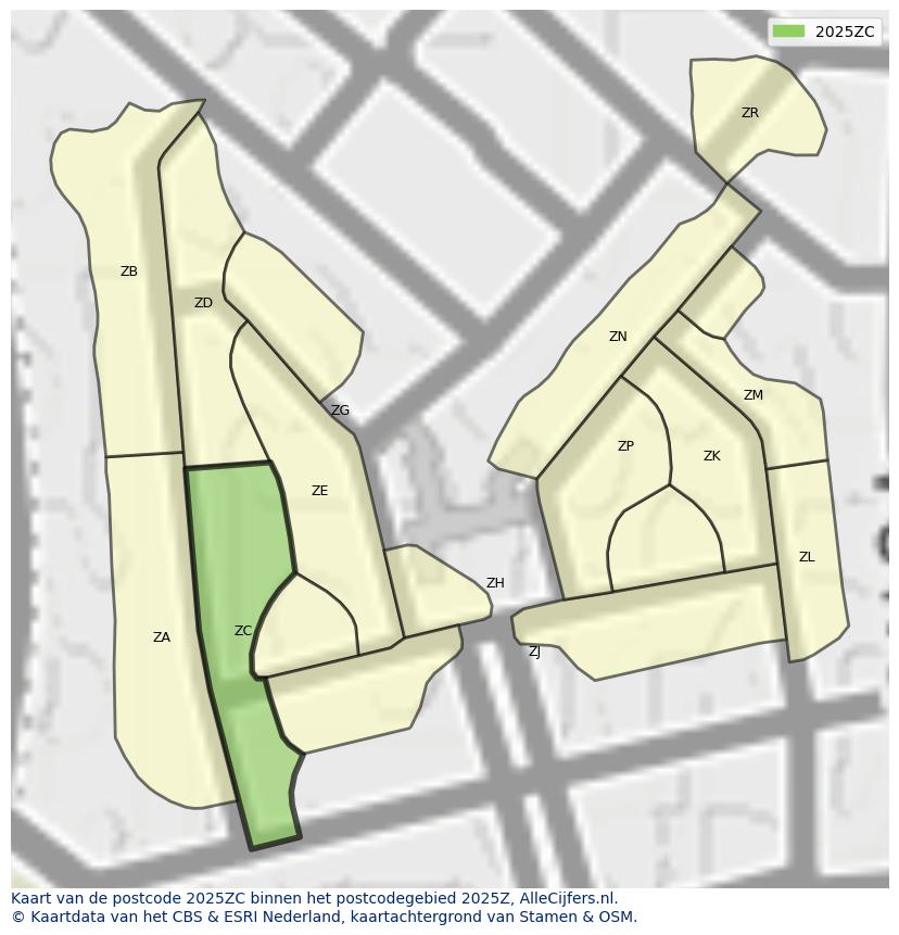 Afbeelding van het postcodegebied 2025 ZC op de kaart.