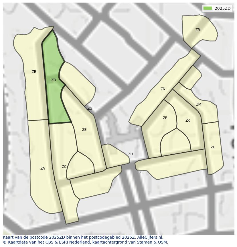 Afbeelding van het postcodegebied 2025 ZD op de kaart.