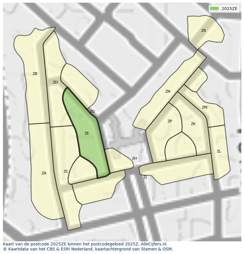 Afbeelding van het postcodegebied 2025 ZE op de kaart.