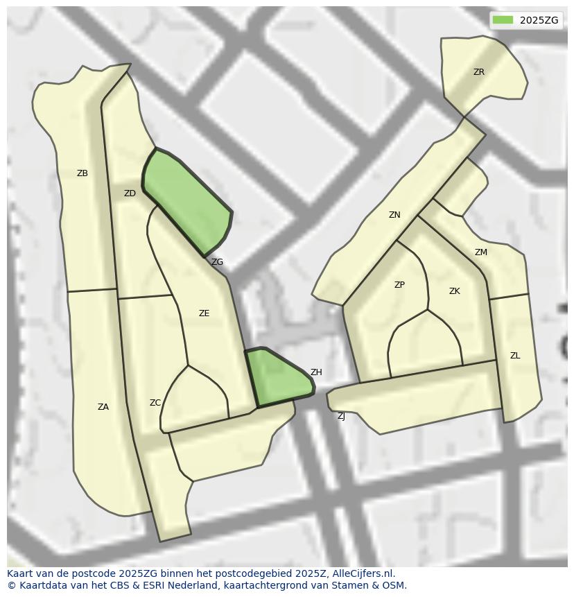 Afbeelding van het postcodegebied 2025 ZG op de kaart.