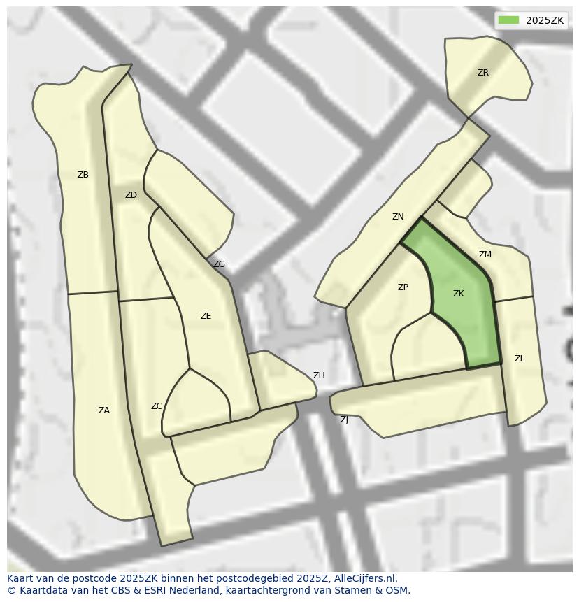 Afbeelding van het postcodegebied 2025 ZK op de kaart.