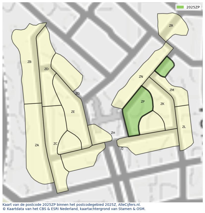 Afbeelding van het postcodegebied 2025 ZP op de kaart.