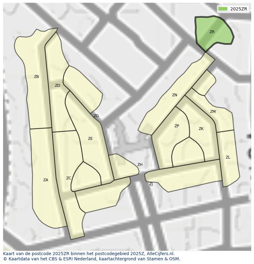 Afbeelding van het postcodegebied 2025 ZR op de kaart.