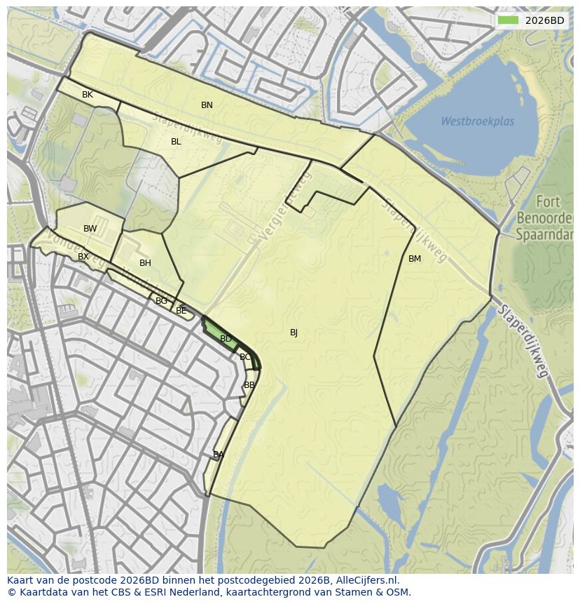 Afbeelding van het postcodegebied 2026 BD op de kaart.
