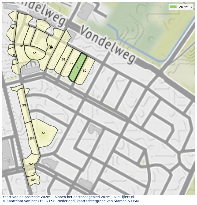 Afbeelding van het postcodegebied 2026 SB op de kaart.