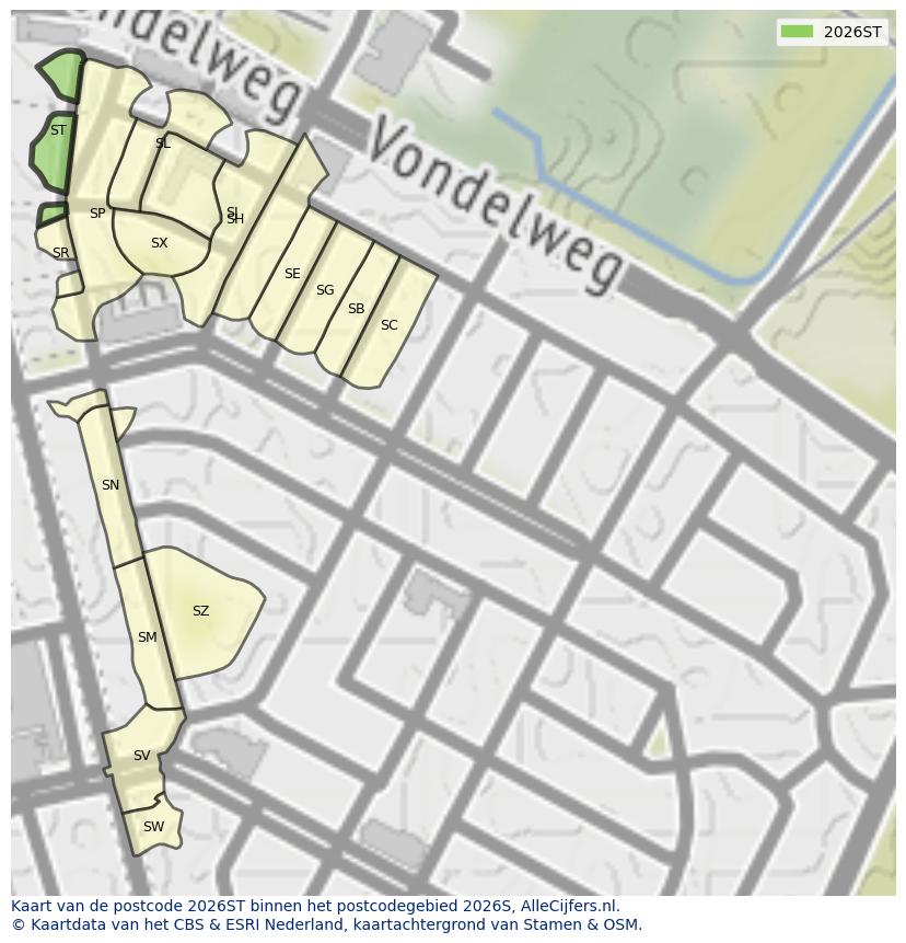 Afbeelding van het postcodegebied 2026 ST op de kaart.