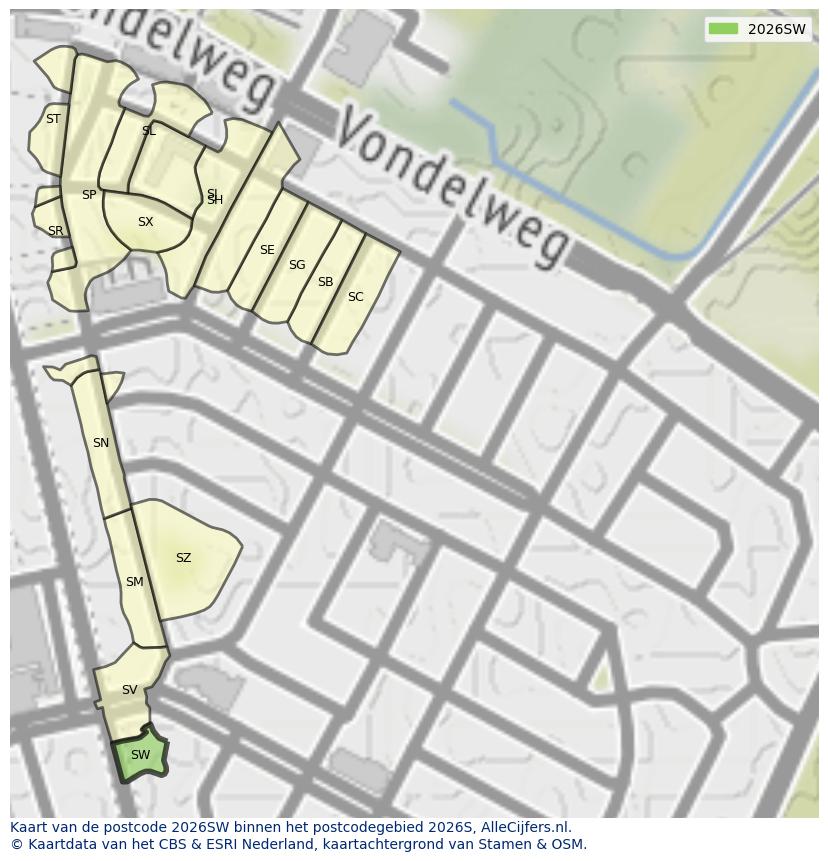 Afbeelding van het postcodegebied 2026 SW op de kaart.