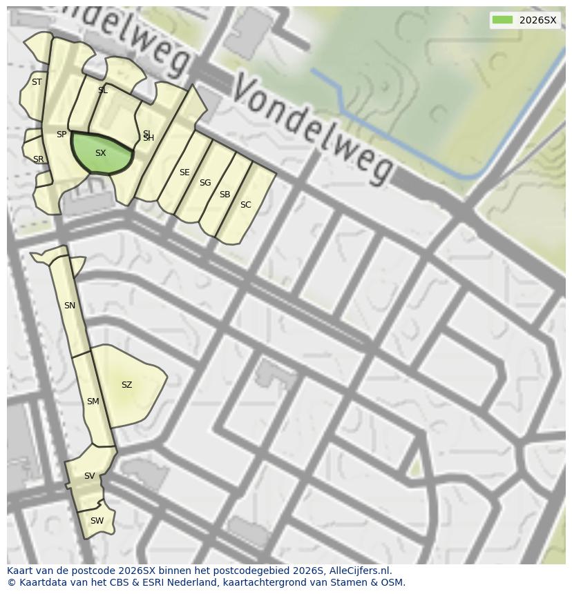 Afbeelding van het postcodegebied 2026 SX op de kaart.