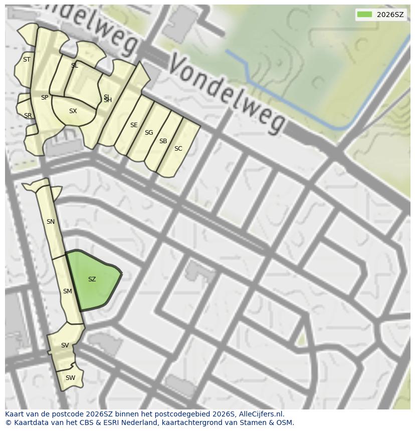 Afbeelding van het postcodegebied 2026 SZ op de kaart.