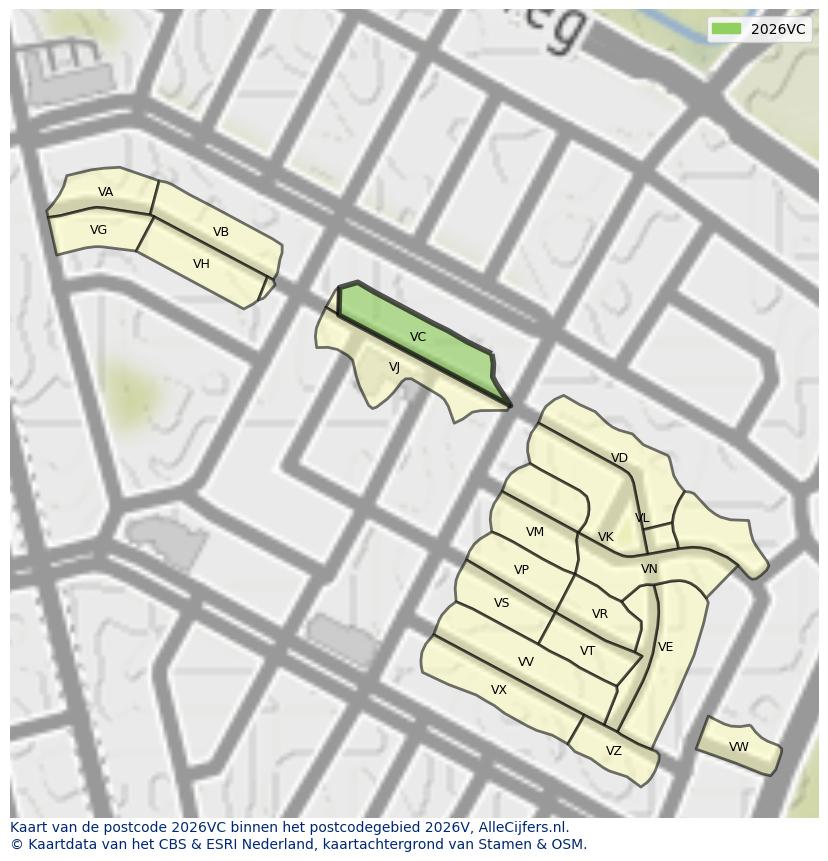Afbeelding van het postcodegebied 2026 VC op de kaart.