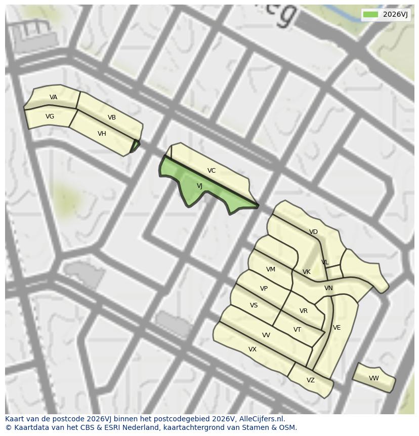 Afbeelding van het postcodegebied 2026 VJ op de kaart.