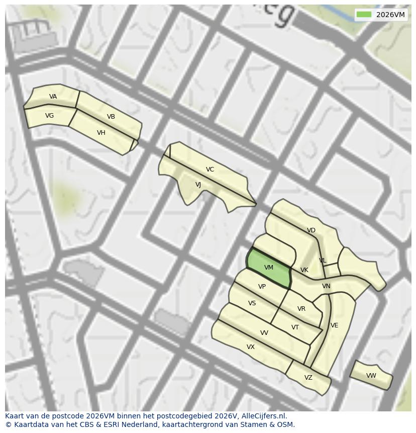 Afbeelding van het postcodegebied 2026 VM op de kaart.