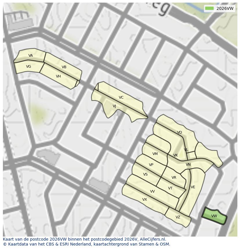Afbeelding van het postcodegebied 2026 VW op de kaart.