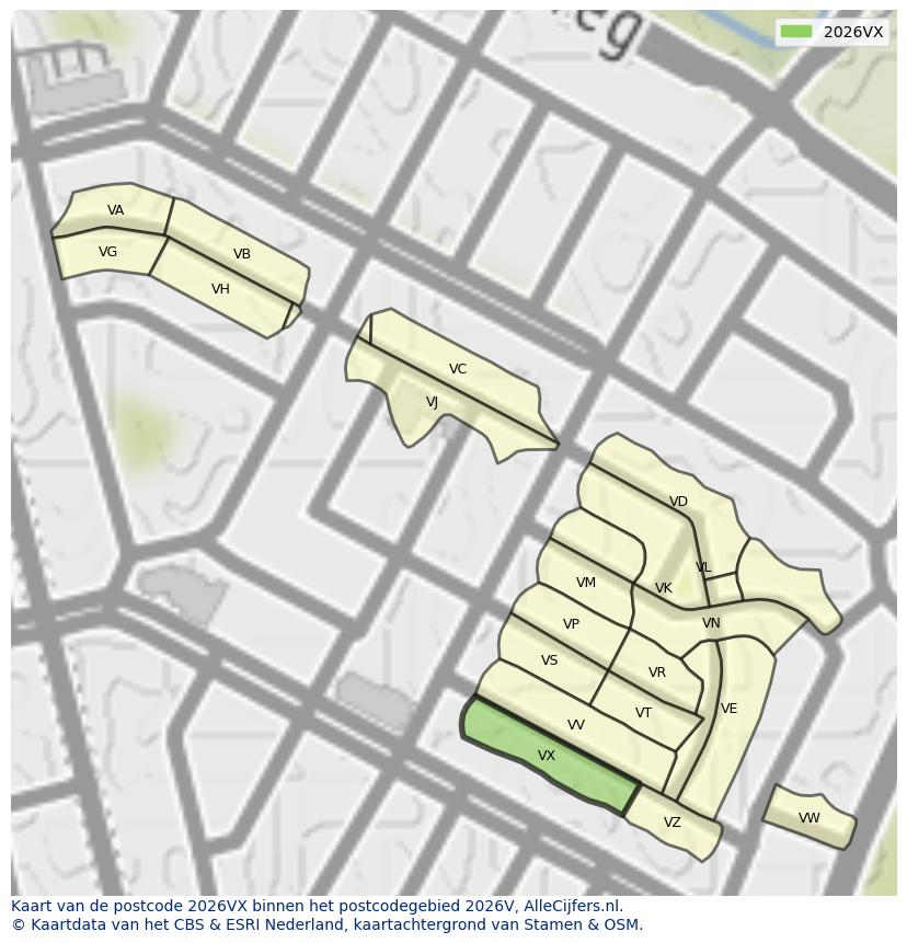 Afbeelding van het postcodegebied 2026 VX op de kaart.