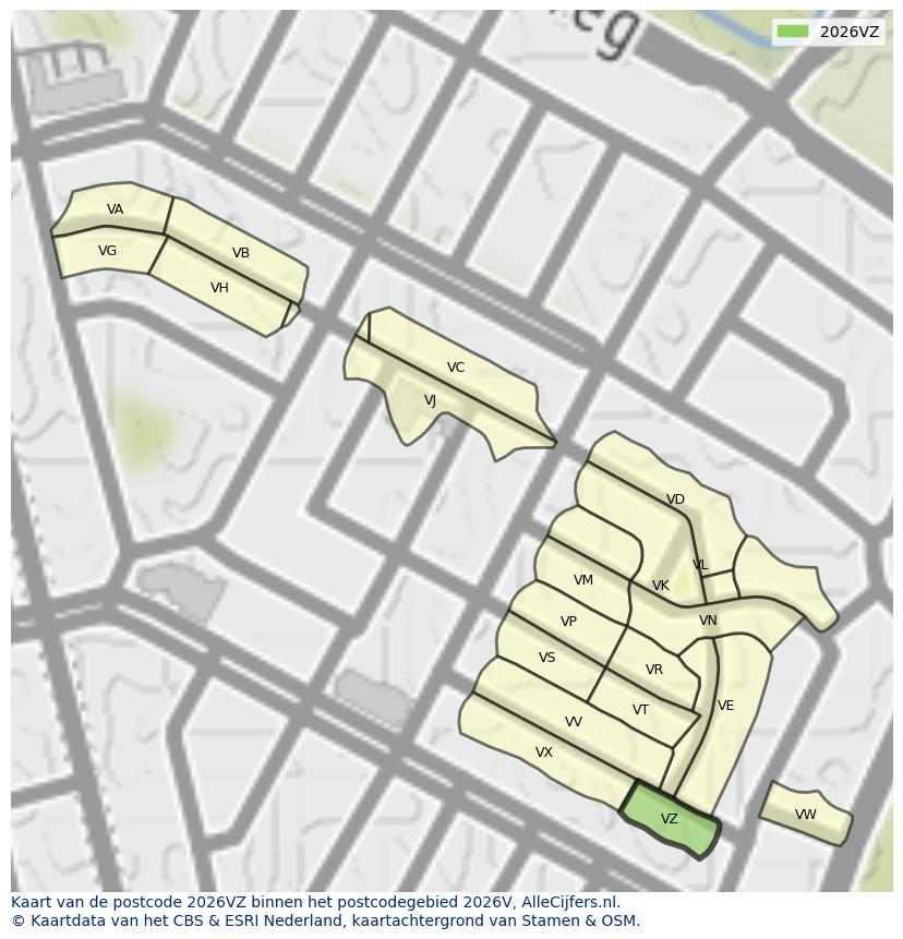 Afbeelding van het postcodegebied 2026 VZ op de kaart.