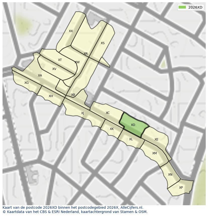 Afbeelding van het postcodegebied 2026 XD op de kaart.