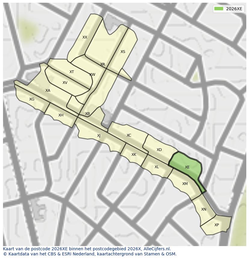Afbeelding van het postcodegebied 2026 XE op de kaart.