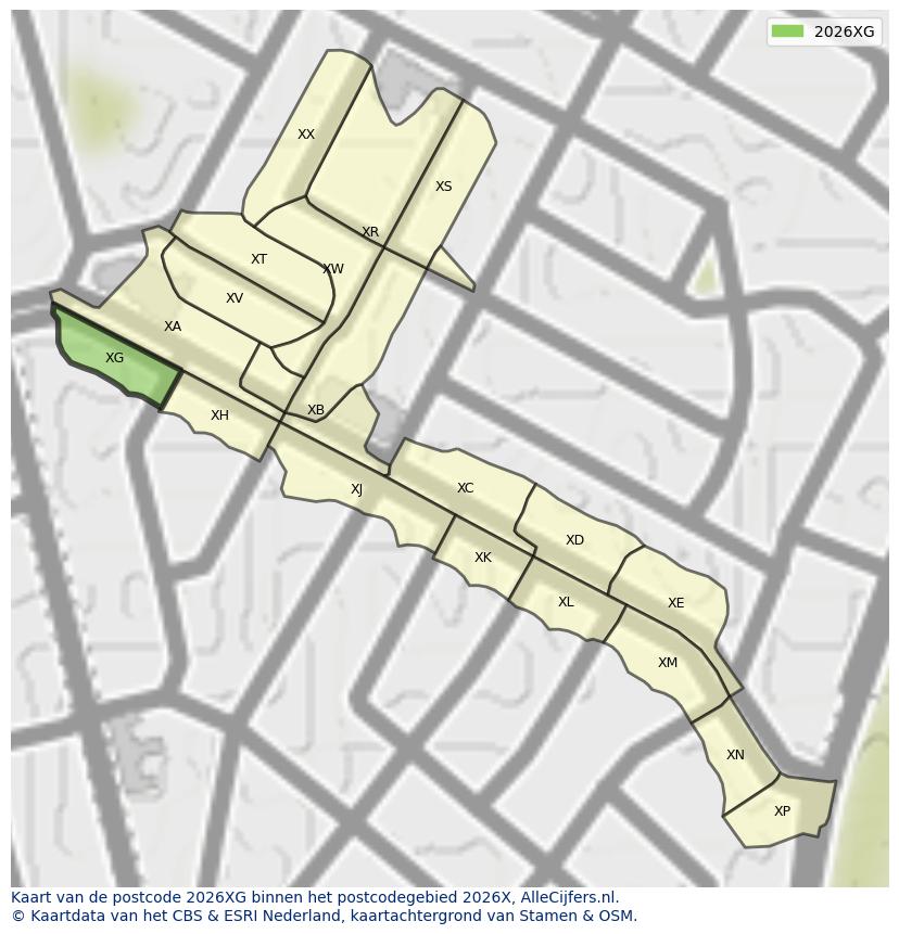 Afbeelding van het postcodegebied 2026 XG op de kaart.