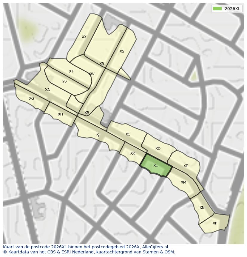 Afbeelding van het postcodegebied 2026 XL op de kaart.